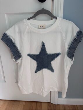 BiBi White Short-Sleeve Tee with Frayed Denim Star